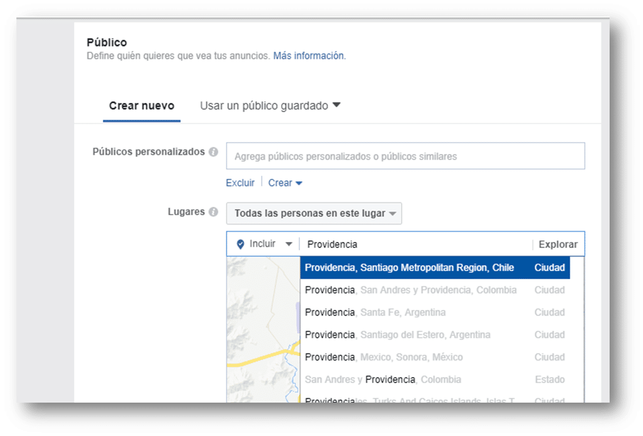 Ubicacion del publico en facebook ads